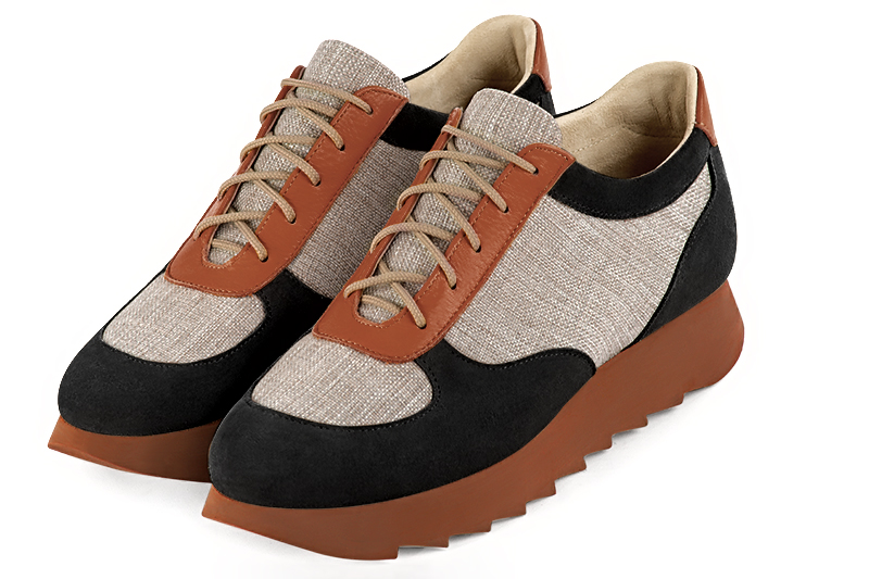 Matt black, natural beige and terracotta orange women's three-tone elegant sneakers. Round toe. Low rubber soles. Front view - Florence KOOIJMAN